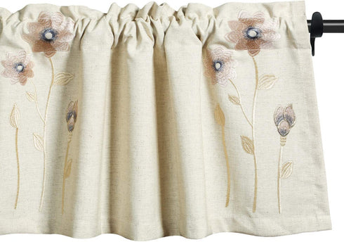 VOGOL Valances for Windows, Pink Floral Embroidered Beige Textured Window Valances for Living Room Pocket Valance Curtains, 52''x18'', One Piece