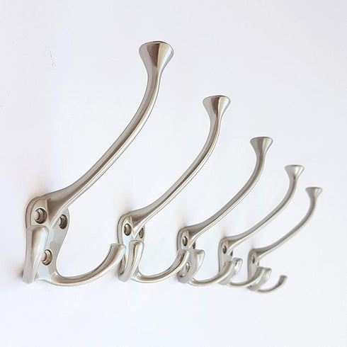 5 Pack TriLeg Hook, Heavy Duty Big Triple Leg / Double Coat Hooks Base. Entryway Coat Hooks, Scarf and Jacket Hangers.Perfect Bath Towel Heavy Hooks (5 Pack, Satin Nickel)