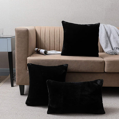 SISIZH Decorative Plush Faux Fur Throw Pillow Covers with Zipper Closure, 20x20 Inch Luxury Velvety Soft Square Cushion Cases Pillowcase for Couch, Set of 2, Black