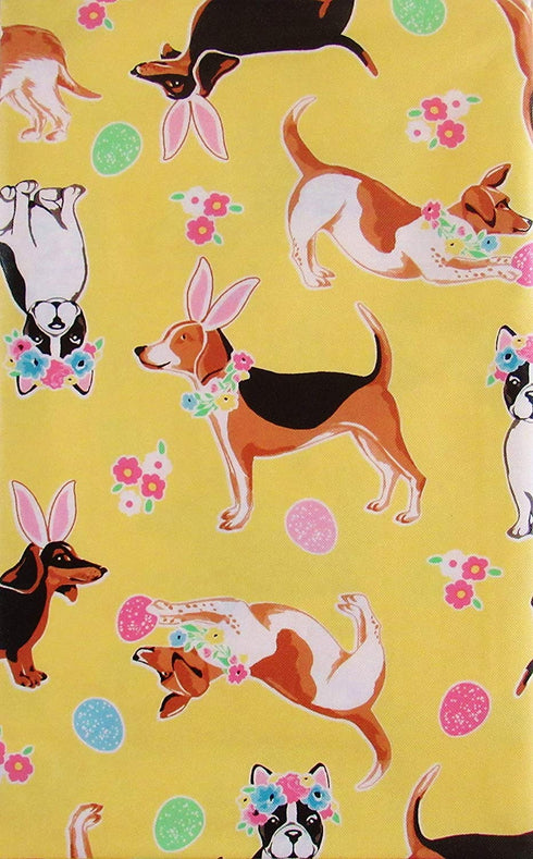 Mainstream Happy Easter with Dogs Vinyl Flannel Back Tablecloth (Yellow, 60inch Round)