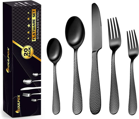 SoulFox Matte Black Silverware Set,20-Piece Flatware Cutlery Set in Ergonomic Design Size and Weight, Stainless Steel Flatware Set for 4.Used for Home and Restaurant, Dishwasher Safe(Black)