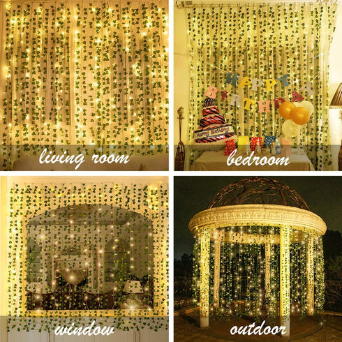 KASZOO 12 Pack Artificial Ivy Leaf Plants with 240 LED Window Curtain String Lights, Fake Plants Vine Hanging Garland, Hanging for Wall Party Wedding Room Home Kitchen Indoor & Outdoor Decoration