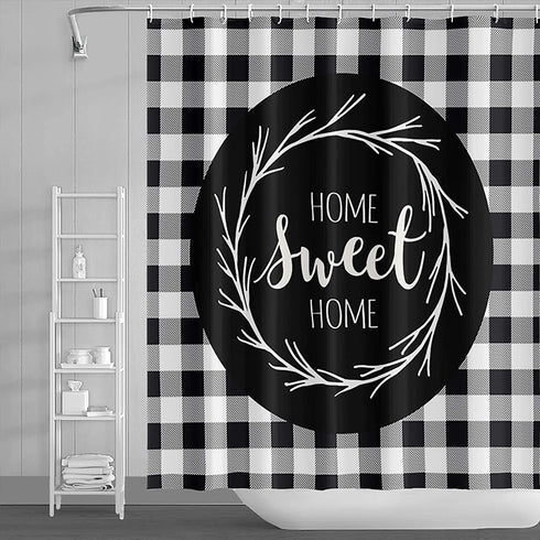Sweet Home Shower Curtain Farmhouse Style Funny Quote Fall Floral Decor in Black White Buffalo Check Shower Curtain 60x72 Inch Polyester Fabric Decor