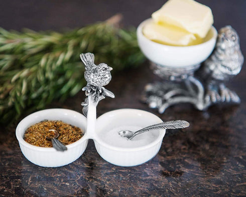 Vagabond House Song Bird Double Salt Cellar Spice Sauce Server and Place card with Pewter Feather spoons 2.5 inch Tall 4.25 inch Long 2 inch Wide