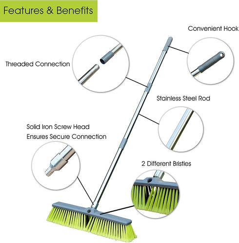 PHYEX 18 Push Broom with Adjustable Long Handle, Multi-Surface Floor Scrub Brush for Cleaning Deck, Patio, Garage, Driveway