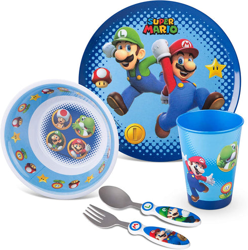 Franco Kids Dinnerware Cartoon Designed Mealtime Kitchen Set, 5 Piece Pack, Super Mario,KZ0068