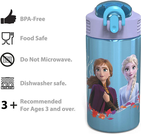 Zak Designs Disney Frozen 2 Kids Water Bottle Set with Reusable Straws and Built in Carrying Loops, Made of Durable Stainless Steel & Plastic, Leak-Proof Bottle Design (Elsa/Anna, BPA-Free, 2pc Set)