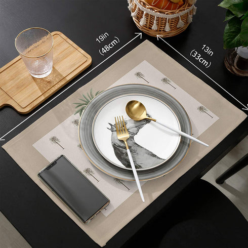 Fahome Cotton Linen Heat Resistant Placemat Set of 6, Geometric Summer Tropical Palm Trees on Brown Background, Washable Non Slip Table Mat for Dining Table Banquet Easy to Clean Home Decor