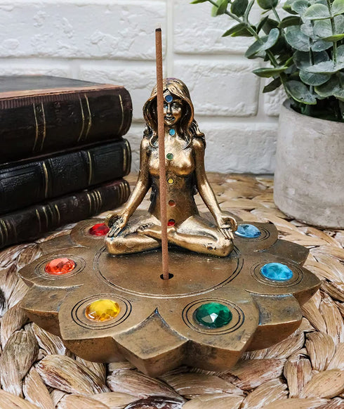 Ebros Gift Sacred Moon Feminine Triple Goddess Yoga Meditation with Chakra Zone Color Beads Lotus Flower Incense Stick Holder Burner Figurine Zen Feng Shui Vastu Home Fragrance Tabletop Altar Decor