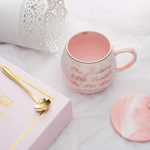 Oyiyou 2021 Graduation and Congratulations Gifts for Her - She Believed she could So She Did - Presents for College Nurse Graduated Women - Pink Marble Ceramic Coffee Mug 14oz and Coaster