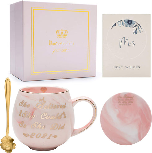 Oyiyou 2021 Graduation and Congratulations Gifts for Her - She Believed she could So She Did - Presents for College Nurse Graduated Women - Pink Marble Ceramic Coffee Mug 14oz and Coaster