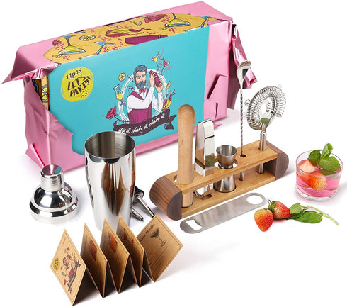 TJ.MOREE Bartender Kit with Stand, 11-Piece Bar Tool Set Cocktail Set Perfect Home Bartender Set and Martini Shaker Set for Drink Mixing Experience - Walnut