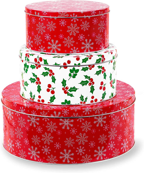 Steel Mill & Co Tin Containers with Lids, 3 Pack Christmas Cookie Tins, Festive Cookie Tins for Gift Giving & Holiday Treats, Round Metal Nesting Containers, Large Medium Small, Snowflake & Holly