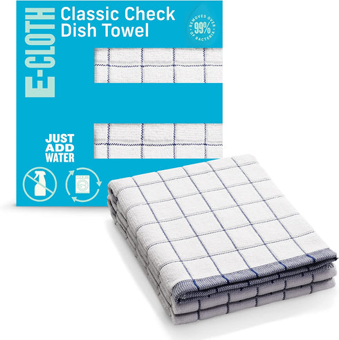 E-Cloth Classic Check Dish Towel, Premium Microfiber Cleaning Cloth, Ideal Kitchen Dish Drying Towels, Washable and Reusable, 100 Wash Guarantee, Blue, 2 Pack
