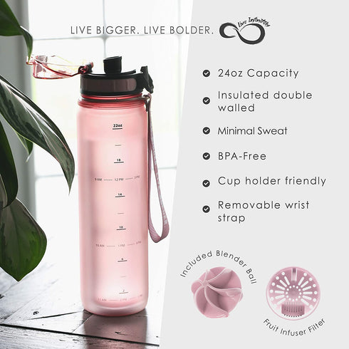 Live Infinitely 24 oz Water Bottle with Time Marker - Insulated Measured Water Tracker Screen - BPA Free Gym Water Bottle - Locking Flip Top Lid, Rubberized (Rose, 24oz)