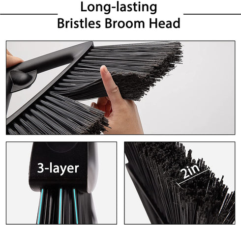 Eyliden Outdoor Broom Commercial Heavy-Duty with Long Handle Rough Surface Angle Brooms for Garages Courtyard Sidewalks Decks Perfect for Indoor Kitchen Room Office Lobby Sweeping (Black Broom)