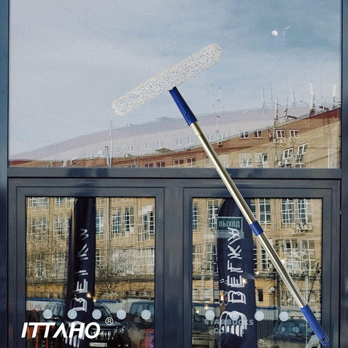 ITTAHO All Purpose Window Squeegee, with 58" Stainless Steel Long Handle and 2 Pcs Microfiber Scrubber Sleeve, 12" Squeegee for Window Cleaning, Car Window, Hard-to-Reach Areas Cleaning Tool