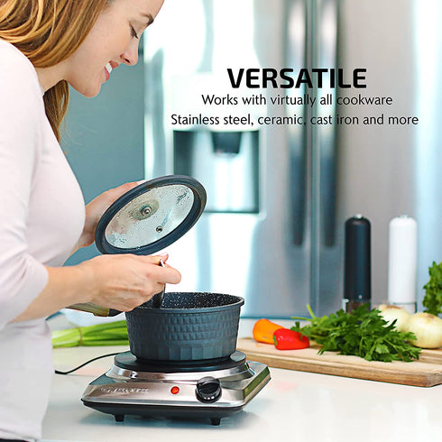 Ovente Electric Single Burner 7.25 Inch Cast Iron Hot Plate Cooktop with 5 Level Temperature Control & Easy Clean Stainless Steel Base, Portable Countertop Stove for Home Dorm Office, Silver BGS101S