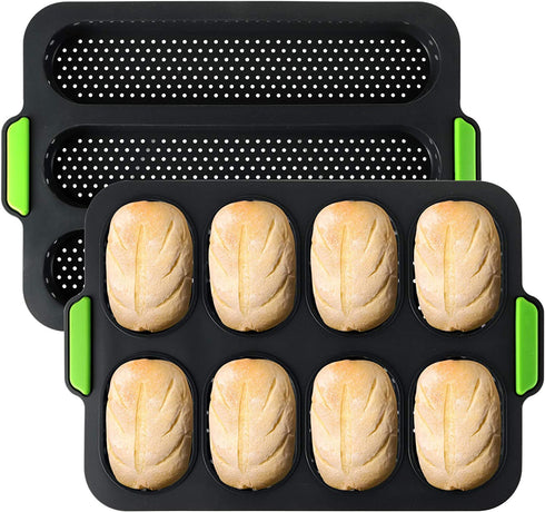 TOPZEA Set of 2 Silicone Baguette Pan, Nonstick French Bread Mold Perforated Pan 3 Wave Loaves Toast Loaf Bake Mold 8 Gutter Bread Crisping Tray for Cake Cooking Baker, Black