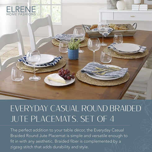 Elrene Home Fashions Everyday Casual Braided Jute Round Placemats, Jute Placemat Set for Casual Dining, 15 Inches by 15 Inches, Set of 4