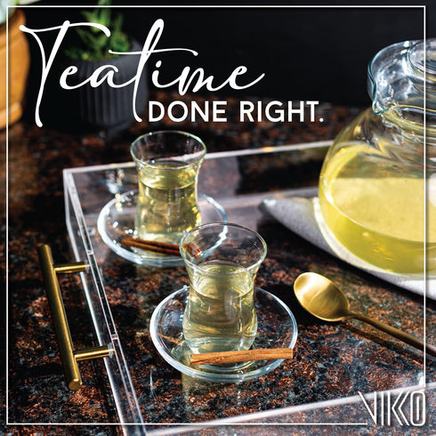 Vikko Turkish Tea Glasses & Saucers: 4 Oz Turkish Tea Cups - Turkish Glass Tea Set For Six - Tea Cup Glass - Clear Glass Tea Cups And Saucers - Turkish Tea Cup Set - Tea Set Moroccan - 6 Cups+6 Plates