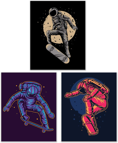 Summit Designs Skateboard Astronaut Wall Art Decor Prints - Set of 3 (8x10) Inch Unframed Poster Photos - Kids Bedroom - Gift Idea - Sports