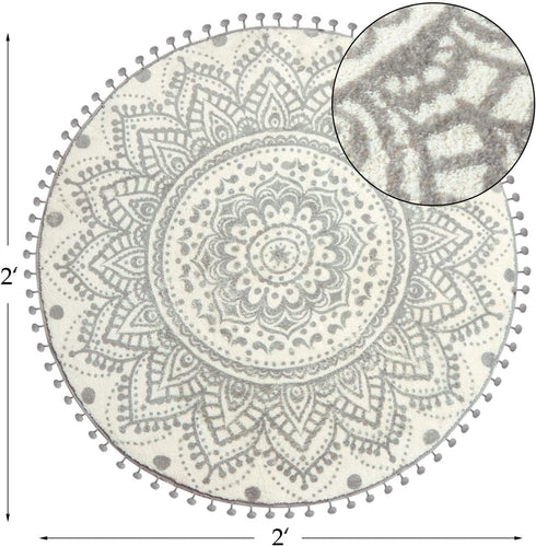 Uphome Small Round Rug 2™ Boho Beige and Grey Bathroom Rug with Pom Poms Fringe Washable Mandala Circle Shower Mat Soft Non-Slip Cute Circular Throw Rug for Sink Powder Room Kids Room Nursery