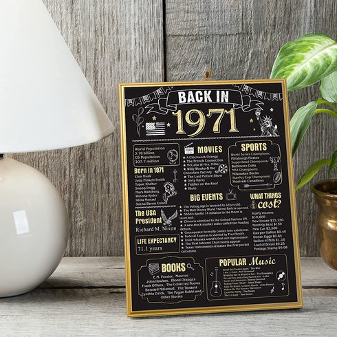 Back in 1971 Poster with Frame 51th Birthday Decoration for Men and Women 51 Years Party Supplies Home Decor for Him or Her (Back in 1971-Gold Frame)