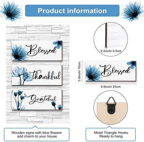 3 Pieces Thankful Grateful Blessed Wood Sign Wall Decor Positive Word Wooden Wall Plaque with Flower Thanksgiving Quote Hanging Wall Sign Rustic Farmhouse Thankful Wall Art for Living Room (Blue)