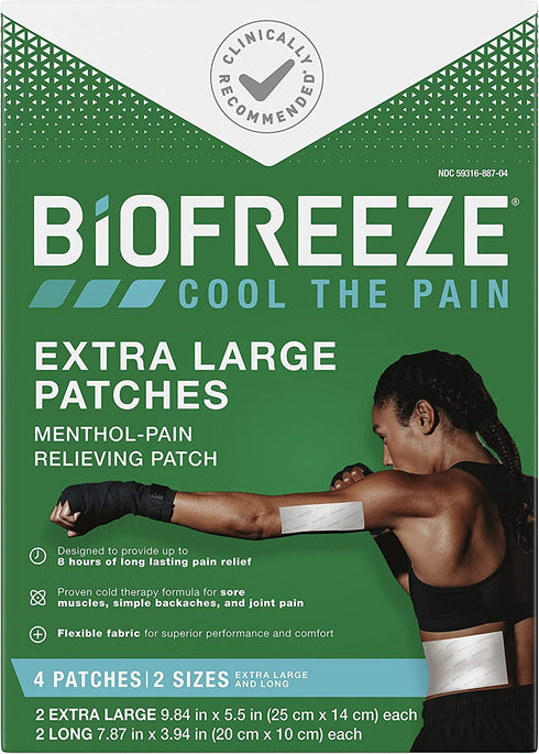 Biofreeze XL Menthol Pain Relieving Patches, 4 Patches 2 Sizes Up To 8 Hours Of Long Lasting Pain Relief Associated With Sore Muscles, Arthritis, Simple Backaches, And Joint Pain (Packaging May Vary)