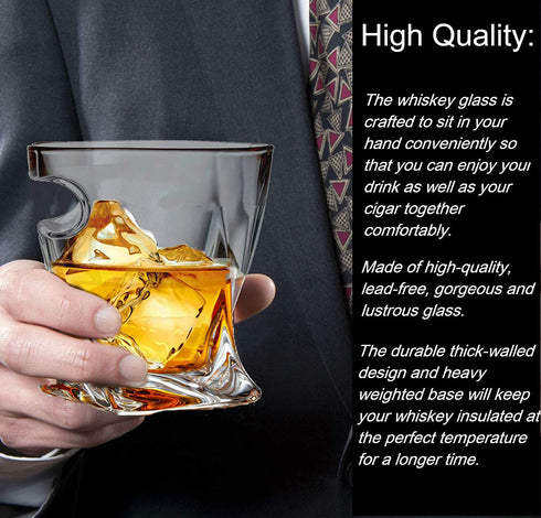 Whiskey Cigar Glass - Old Fashioned Whiskey Tumbler Glass With Side Mounted Cigar Holder - Scotch, Bourbon, Liquor - Christmas Gift - Dad, Grandpa, Husband