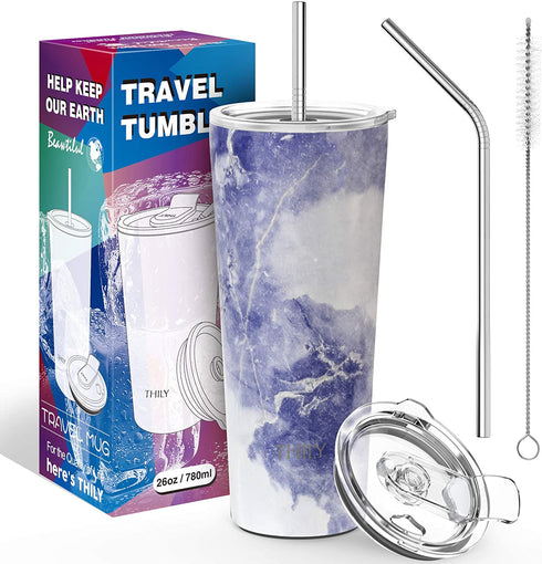 Stainless Steel Vacuum Insulated Tumbler - THILY Travel Mug 26 oz Coffee Cup with 2 Lids and Straws, Splash Proof, Keep Ice Drinks Cold, Blue Marble