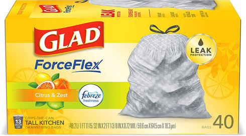 Glad® ForceFlex Tall Kitchen Drawstring Trash Bags, Citrus & Zest, 13 Gal, 40 Ct (Package May vary)