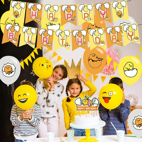 82 Pieces Lazy egg Party Supplies, Gudetama Themed Birthday Party Decoration included Banner, Latex Balloon, Cake Topper, Cupcake Toppers, 50pcs Stickers for Lazy egg Party Decoration.