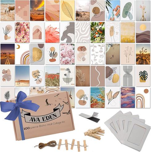 Ava Eden Wall Collage Kit - 100pc with Accessories incl Gold Foil Detail, Boho Room Decor for Teen Girls, Aesthetic Wall Decor, Picture Collage Wall Decor, Boho Pictures Wall Decor