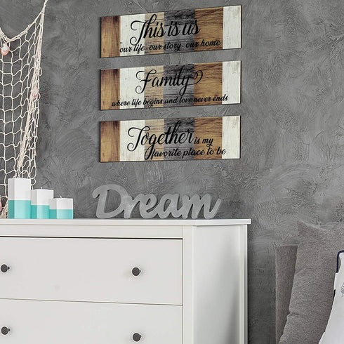 3 Pieces This is Us Sign Rustic Family Home Decor Wooden Sign Together Hanging Wall Decorations for Living Room Kitchen Bedroom Laundry Bathroom Office House Warming (Brown, Beige, Gray)