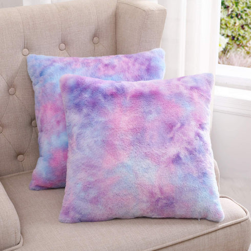 Muchique Pack of 2 Soft Plush Faux Fur Tie Dye Decorative Throw Pillow Covers- Fuzzy Cushion Cases/Pillowcases for Sofa, Bedroom, Living Room, Square 16 X 16 Inches, Purple