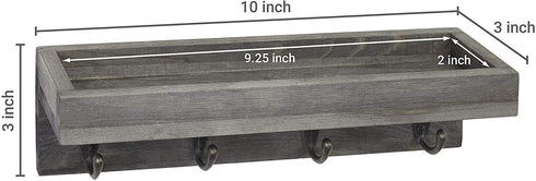 MyGift Floating Wall Shelf with Hooks, Vintage Grey Wood Entryway Storage Shelf with 4 Metal Key Hooks