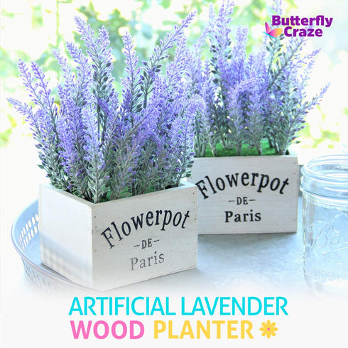 Butterfly Craze Artificial Lavender Plants in White Box Pots (Set of Two) Rustic Home Decor and Beautiful Lifelike Faux Silk Flower Arrangements for Kitchen, Office, Weddings & Beyond - White Boxes