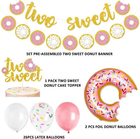 Two Sweet Donut Party Decoration Baby Second Birthday Glitter Doughnut Banner Cake Topper Sprinkles Balloons Kids Party Favor Ideas Supplies