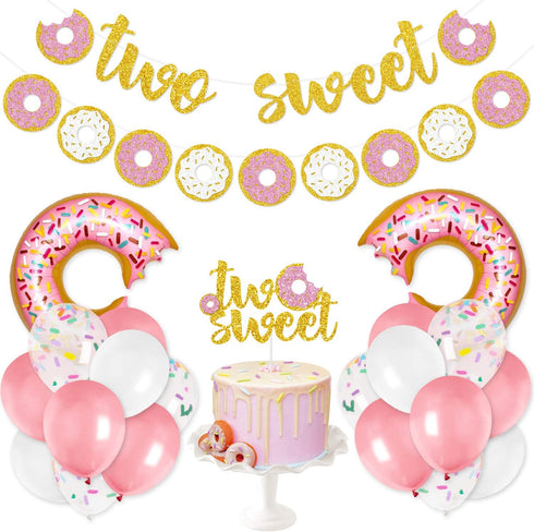 Two Sweet Donut Party Decoration Baby Second Birthday Glitter Doughnut Banner Cake Topper Sprinkles Balloons Kids Party Favor Ideas Supplies