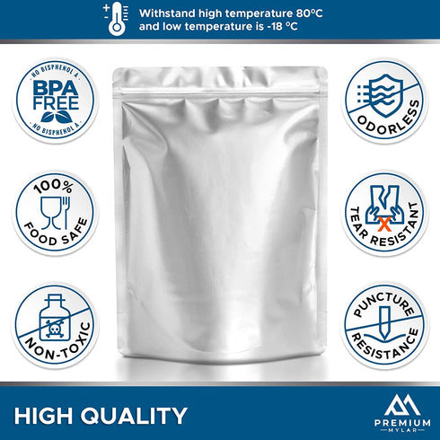 ProPremium 50 Mylar Bags 1 QUART - Thick 7.4 Mil - 7"x10" Airtight Vacuum Sealing Sealable Mylar Bags for Long Term Food Storage - Odor Free Heat Resistant - Light and Moisture Proof Fresh Saver Packs