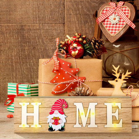 Gnome Home Sign Interchangeable Easter Gnome Wooden Signs Rustic Home Sign with 8 Seasonal Gnome Magnet Wooden Home Sign with 8 LED Lights for Home Easter Party Holiday DIY Decor