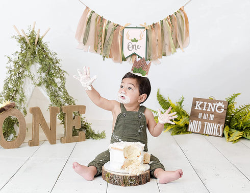 Woodland 1st Birthday Decorations - Oh Deer One Banner High Chair, Green Leaf Birthday Crown, highchair decorations for 1st birthday, Woodland Birthday Party Supplies, Enchanted Forest Party Decor