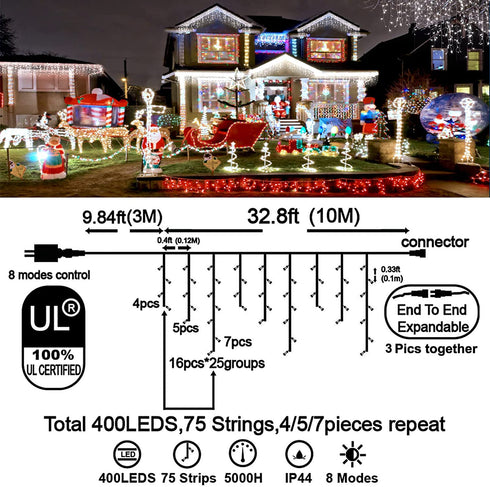 Hezbjiti Christmas Decorations Lights Outdoor, 400 LED 32.8 FT 8 Modes 75 Drops Fairy String Curtain Lights for Christmas Decor Eaves Window Party Yard Garden Indoor (Cold White)