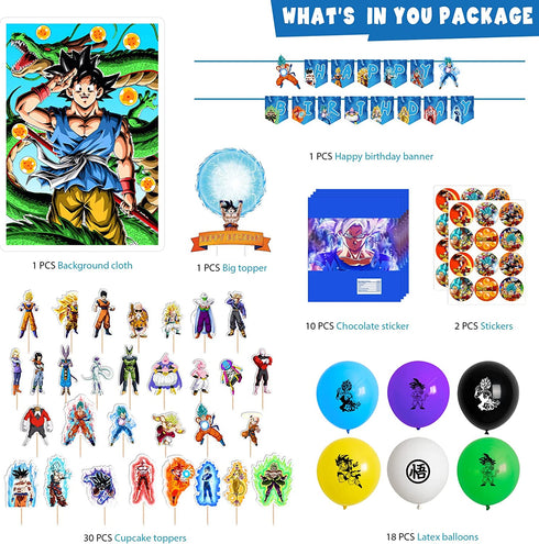 Birthday Party Decorations, 85 Pcs Party Supplies - Backdrop, Banner, Balloon, Cupcake Toppers, Stickers for Anime Themed Party