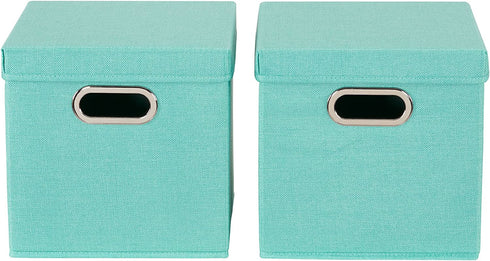 Household Essentials 806-1 Caf© Lids and Handles | 2 Pack | Teal Green Linen Cube Bin Storage Set, 2 Count