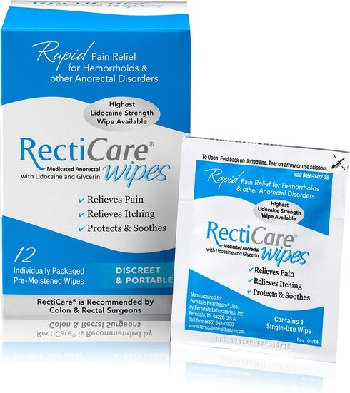 RectiCare Medicated Anorectal Wipes – 5% Lidocaine & Glycerin – 12 Pack