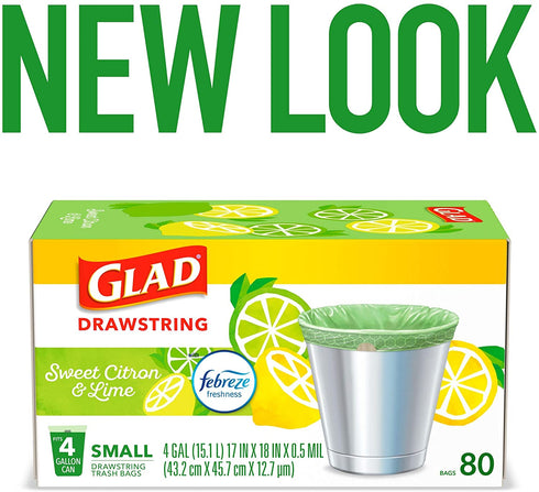 Glad Small Kitchen Drawstring Trash Bags 4 Gallon Green Trash Bag Febreze , Sweet Citron & Lime, 80 Count (Package May Vary)