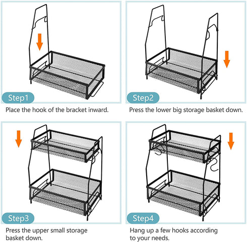 Homeweeks Spice Rack Kitchen Cabinet Organizer - 2 Tier Spice Organizer 5 Hooks Bathroom Organize Countertop Holder - Pantry Shelves Seasoning Storage Shelf Sink Rack for Kitchen (Black)